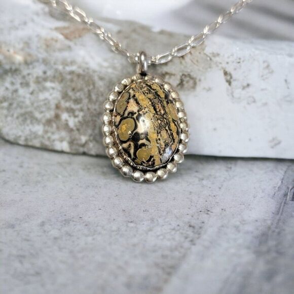 Vintage Handmade Southwestern STERLING Silver LEOPARD Jasper Pendant & Necklace - Picture 1 of 8